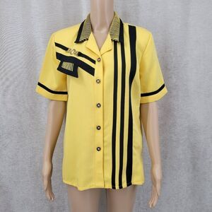 City Girl Vintage Bowling Style Yellow Black Striped Button-Up Shirt Rockabilly